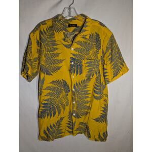 Xi Deng Mens Yellow Hawaiian Print Short Sleeve Button Up Sz Large Fern Resort